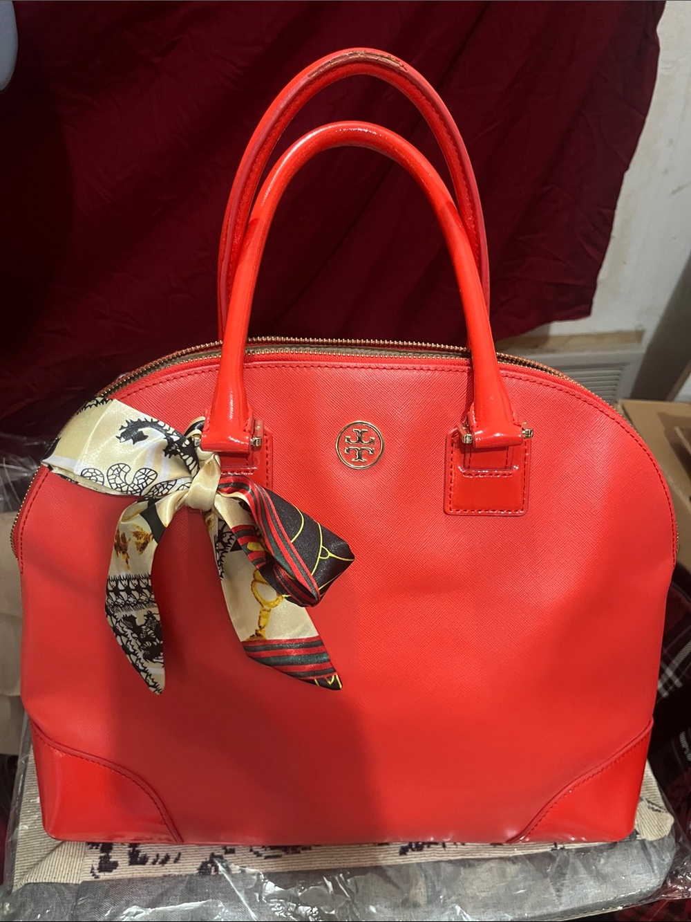 Tory Burch Coral-Red Saffiano Satchel with Scarf Accent